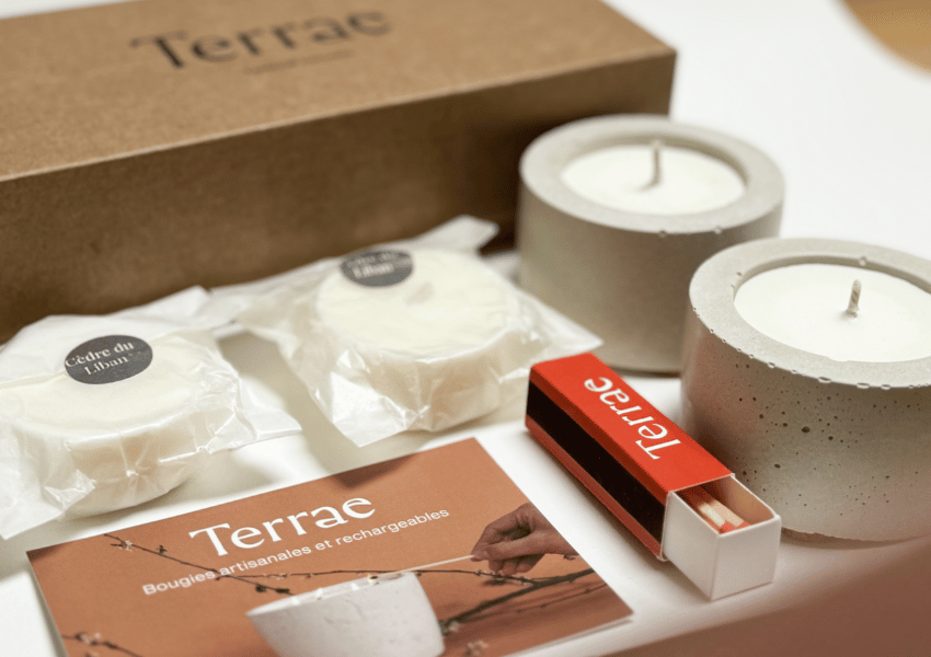 Terrae, idée cadeau, cadeau artisanal belge, bougies béton, boîte cadeau