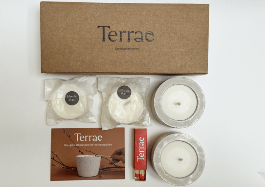 Terrae, composition coffret cadeau petit budget bougies cire vegetale parfums non toxiques